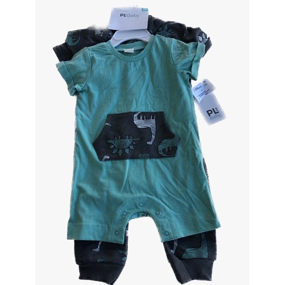 PL:Baby Romper Coverall 2 Pc Set Dark Grey/Teal Dinosaur Design 6M - Picture 1 of 12
